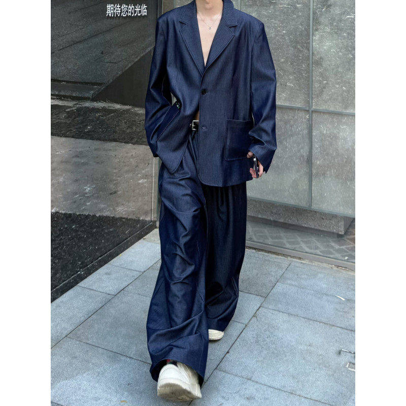 秋季韩国复古牛仔蓝色西服套装男时尚设计感坠感阔腿西裤高级一套