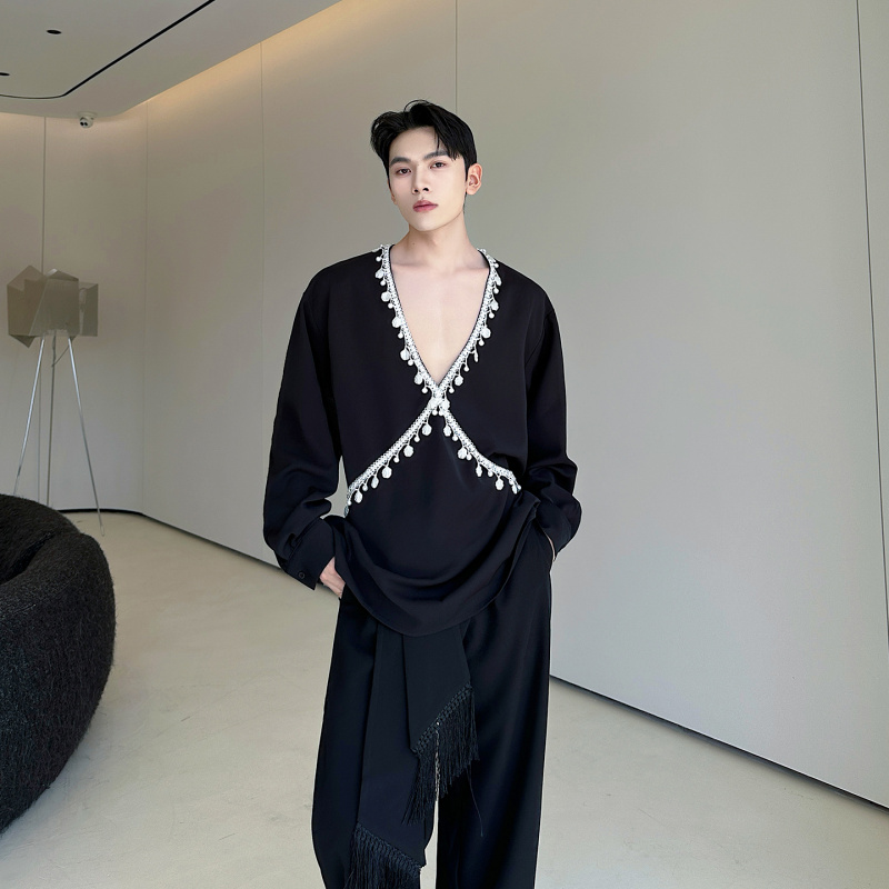 小众设计师款大V领串珠装饰时尚长袖衬衫男女演出舞台装法式衬衣