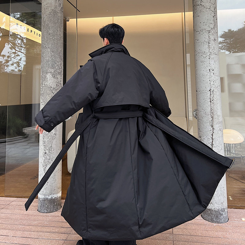保暖长款过膝羽绒棉服男宽松腰带
