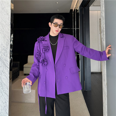 春季美式复古立体玫瑰紫色西装外套男可拆卸花朵高级感垫肩西服潮