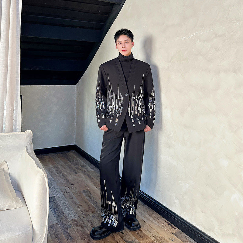秋季小众重工艺刺绣亮片设计感西服套装男痞帅高级感直筒西裤潮流