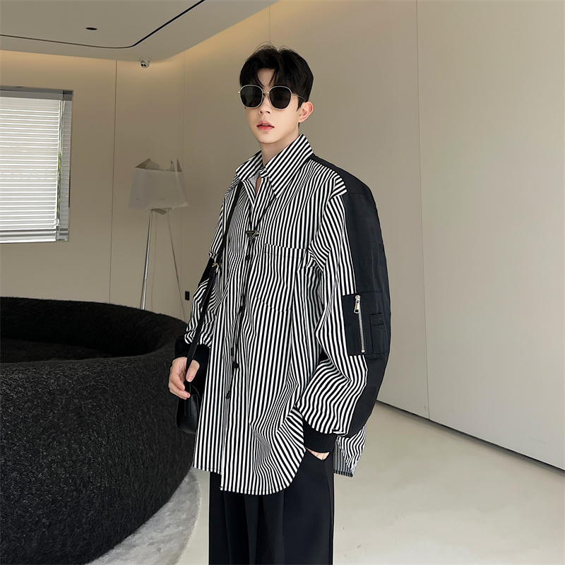 秋季韩版男装小众撞色拼接条纹衬衫男长袖宽松设计感高级休闲衬衣