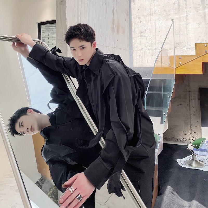 暗黑系复古小众结构个性飘带痞帅衬衣男韩版高级设计感潮流衬衫秋