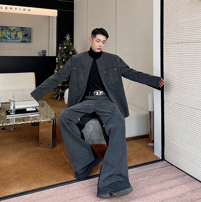 2024 봄 워싱 레트로 데님 코듀로이 스플라이스 칼라리스 재킷 정장 남성 지퍼 와이드 팬츠 투피스 세트