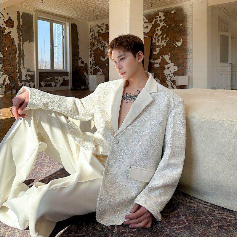 春装重工双层立体浮雕绣花翻领西服外套男轻奢高级设计感西装上衣