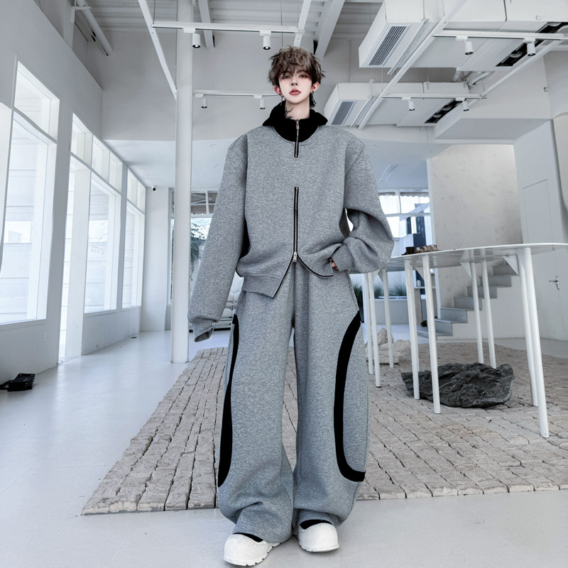 秋季美式高街撞色半拉链连帽卫衣套装男重磅运动休闲弯刀长裤一套,男装,时尚套装,淘宝优惠券,粉丝福利购,淘宝优惠卷