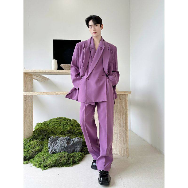 春装韩国小众设计师气质垫肩休闲西服套装男双层领时尚西裤两件套
