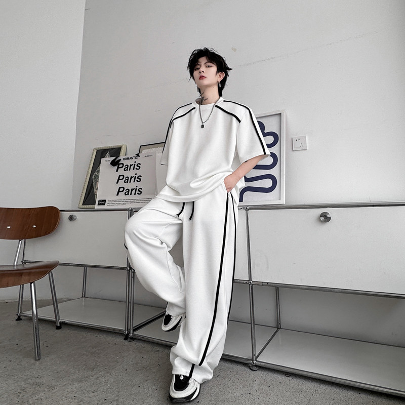 夏装高级感休闲运动短袖T恤套装男异色包边设计感阔腿长裤两件套