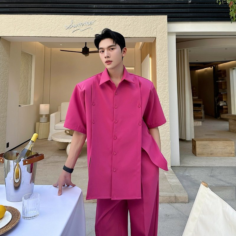 夏季个性开衩多纽扣装饰设计感短袖西装式衬衣垫肩阔腿西裤两件套