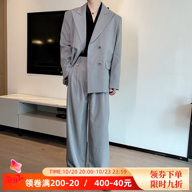 韩版时尚设计感休闲西服套装男高级感轻熟风直筒阔腿长裤两件套潮