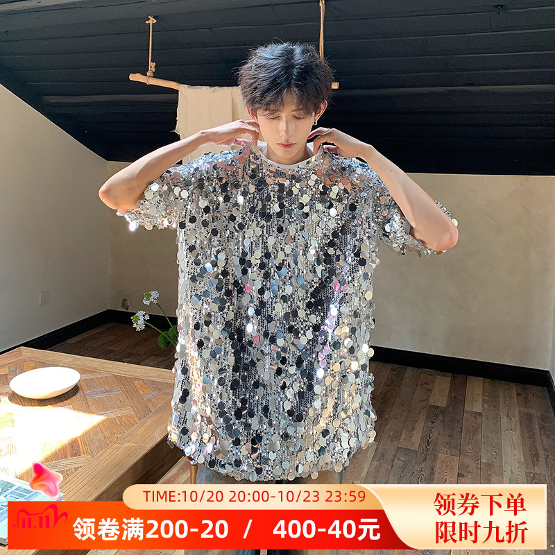演出歌手ins大亮片炸街舞台短袖T恤男女亮闪闪反光时尚表演系列潮