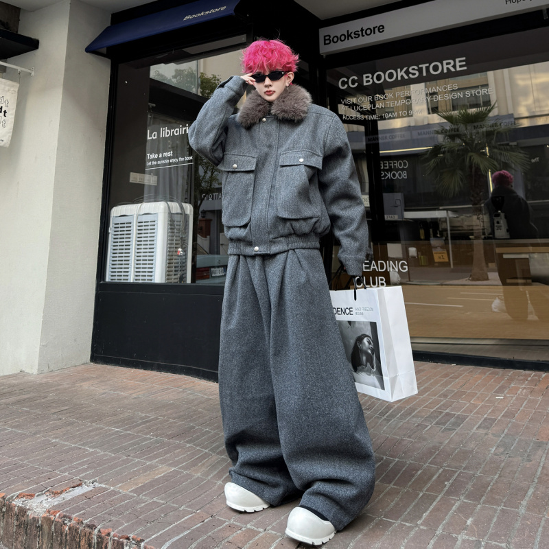 冬装老钱贵气毛领设计感加厚呢料夹克套装男宽松时尚阔腿长裤保暖