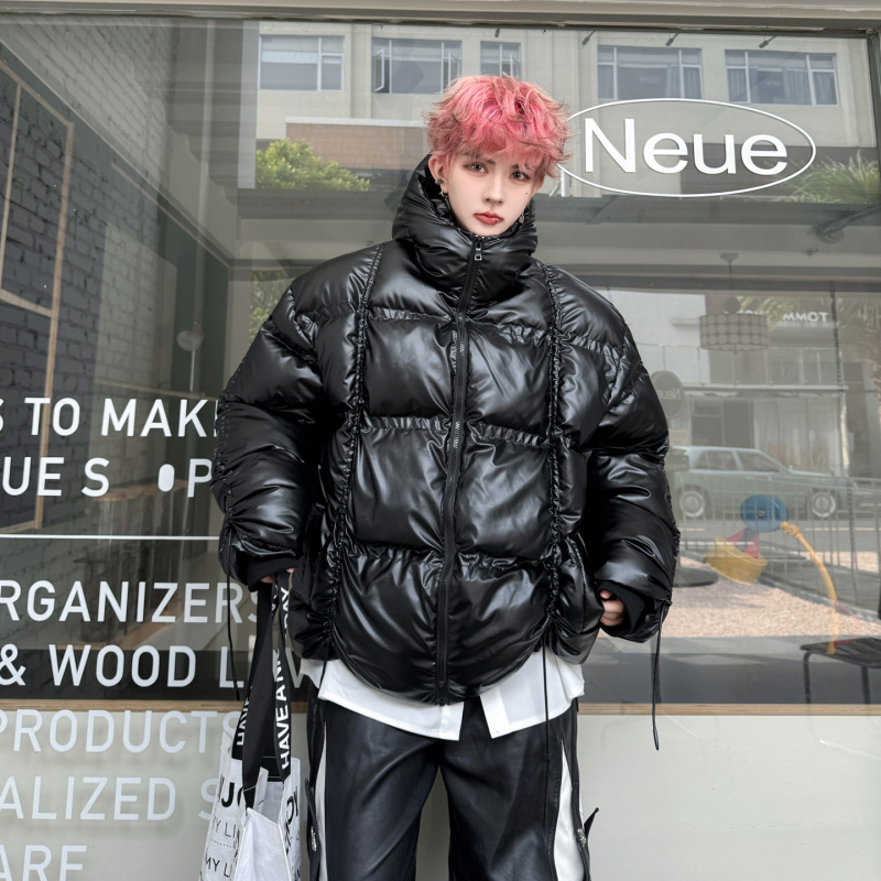 冬季新品连帽抽绳拉链设计感加厚棉衣男痞帅宽松保暖羽绒棉服外套