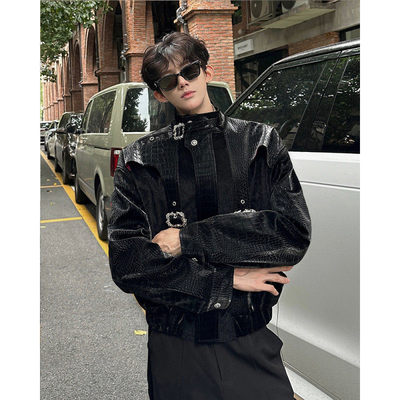 高级感蛇纹鳞片小众短款夹克外套男模金属扣毛毛皮草拼接皮衣潮牌