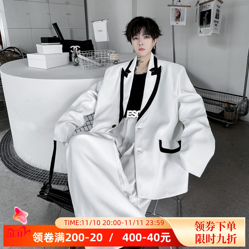 韩版网红黑白拼接休闲垫肩西装外套男套装宽松高级感阔腿西裤气质
