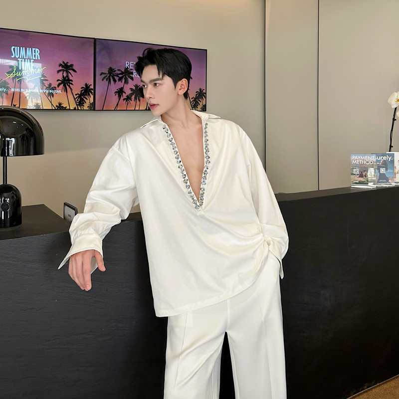 春夏个性大V领性感时髦亮片长袖衬衫男韩版坠垂气质高级感衬衣潮