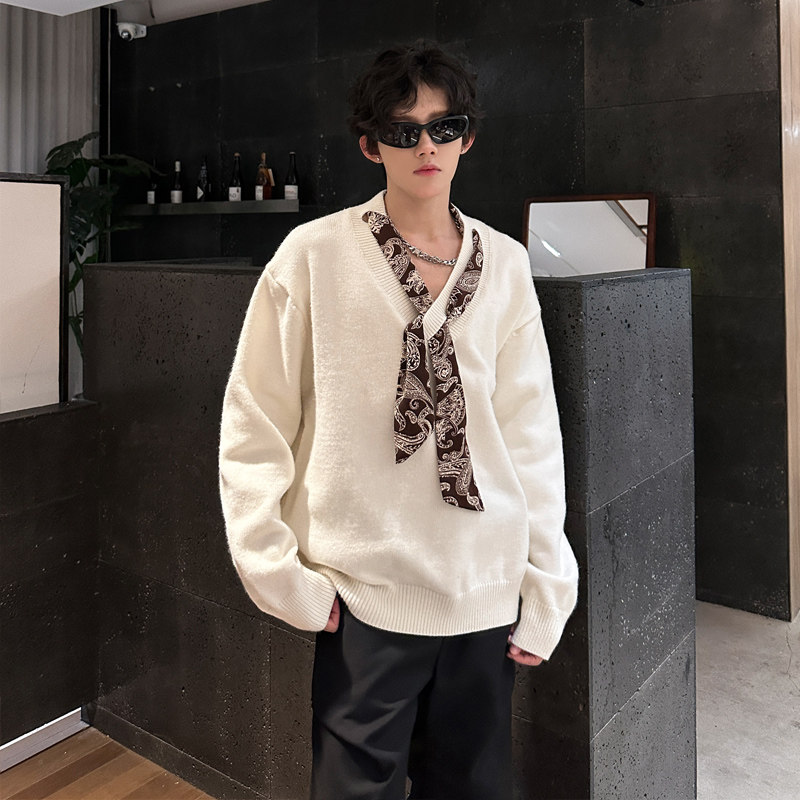 韩系穿搭上衣腰果花丝巾设计感针织衫男套头毛衣慵懒风松弛网红潮