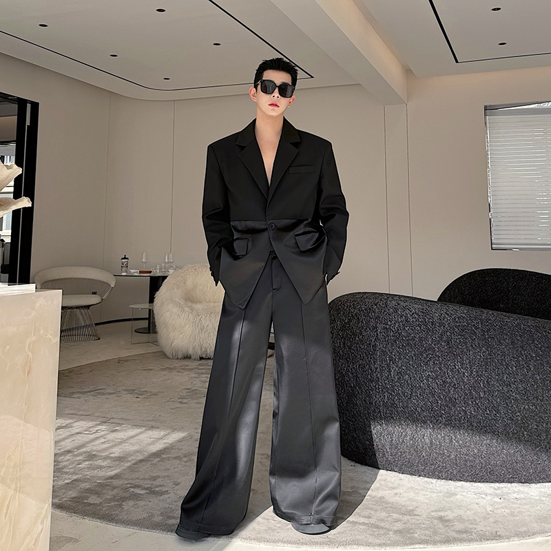 春季走秀款立体解构醋酸拼接垫肩西服套装男高级痞帅阔腿裤两件套