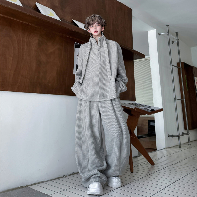 冬装老钱轻熟风美式立领运动两件套男加绒加厚卫衣弯刀阔腿长裤潮,男装,时尚套装,淘宝优惠券,粉丝福利购,淘宝优惠卷