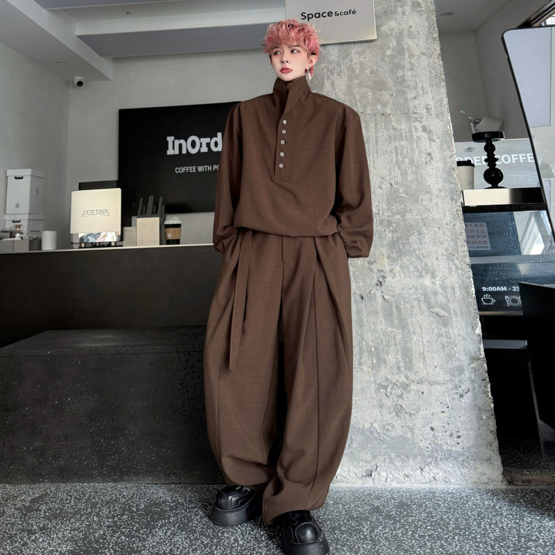 2026春季老钱复古多纽扣装饰套头卫衣套装男搭配阔腿长裤两件套潮