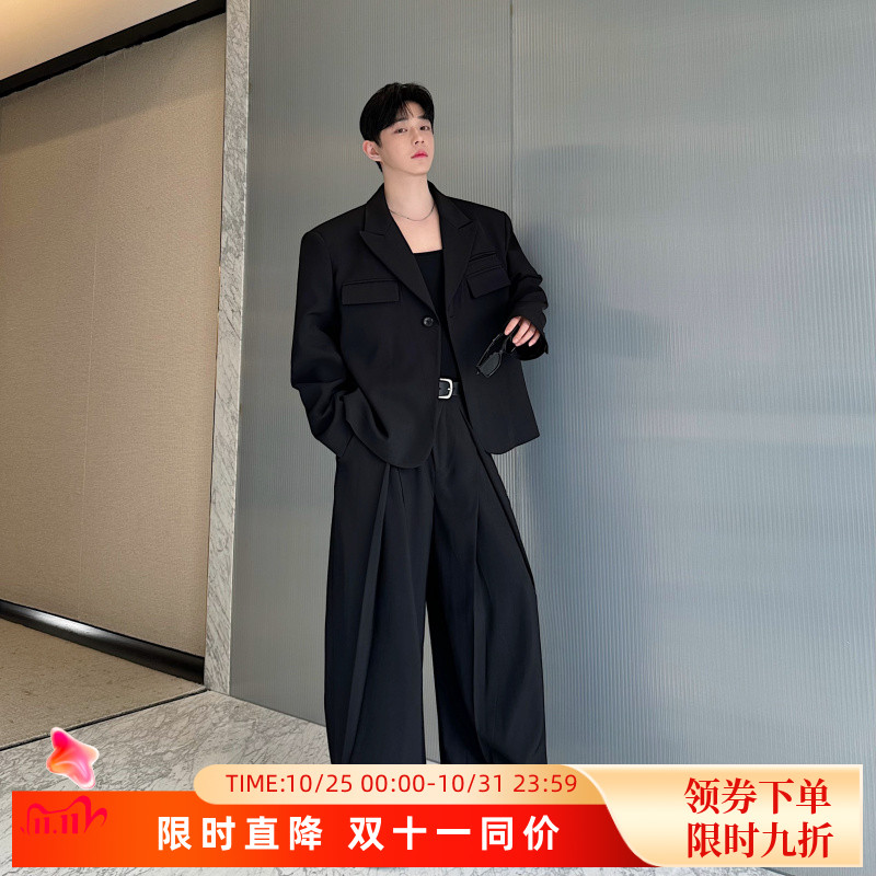 秋装小众设计师高级感单扣西装外套男垂感褶皱阔腿裤长裤两件套潮