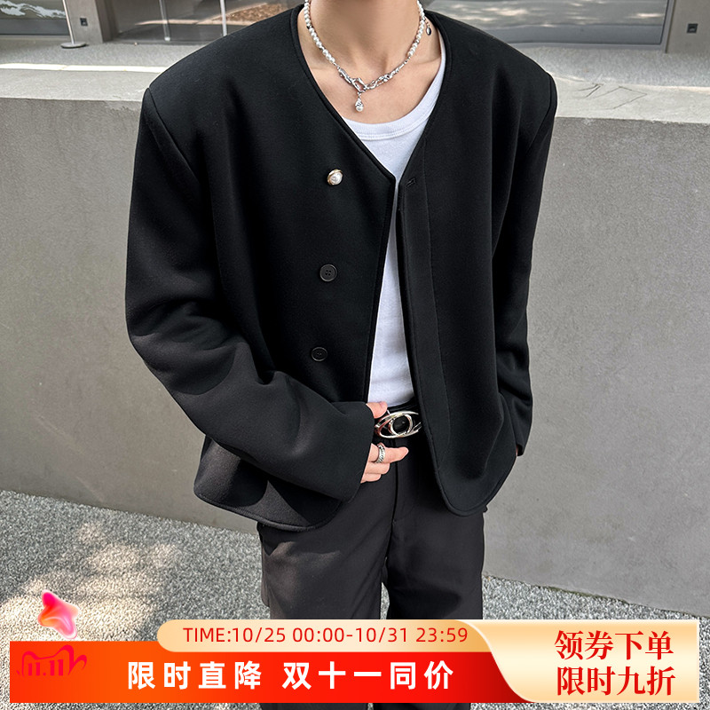 痞帅风男模穿搭小香风垫肩外套男春秋短款高级感无领正肩夹克西服
