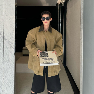 秋装走秀款粗纺帆布拼皮廓形夹克外套男大口袋复古高级感工装上衣