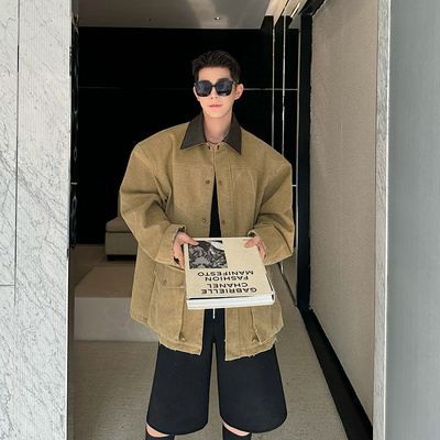 秋装走秀款粗纺帆布拼皮廓形夹克外套男大口袋复古高级感工装上衣