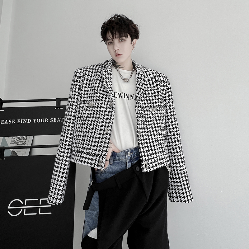 ins网红小香风高级感短款西装外套男女洋气时髦千鸟格垫肩西服潮