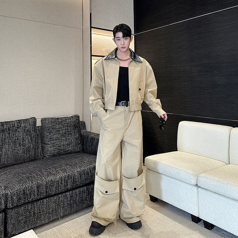 美式小众设计师双层领拼接工装夹克外套男大口袋阔腿长裤两件套潮