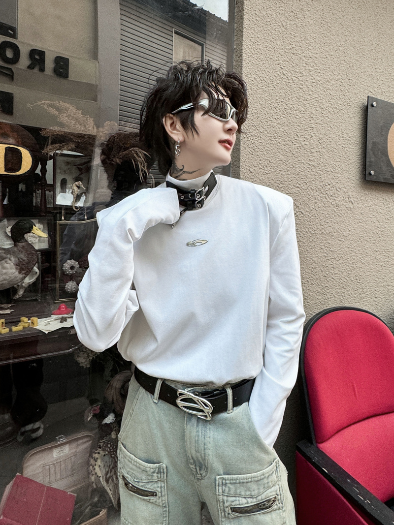 春装小众皮带扣装饰解构设计感长袖T恤男韩版垫肩t恤上衣打底衫潮