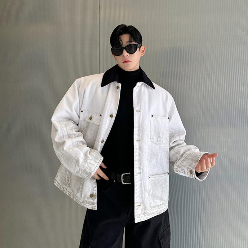 秋冬白色密歇根纯棉水洗做旧脏脏帆布棉服夹克男外套廓形高级感潮