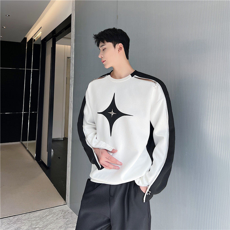 틈새 지퍼 흑백 대비 디자인 캐주얼 운동복 남성용 하이 엔드 잘 생긴 탑 ??미래 지향적 인 트렌디 브랜드 헤어 스타일리스트