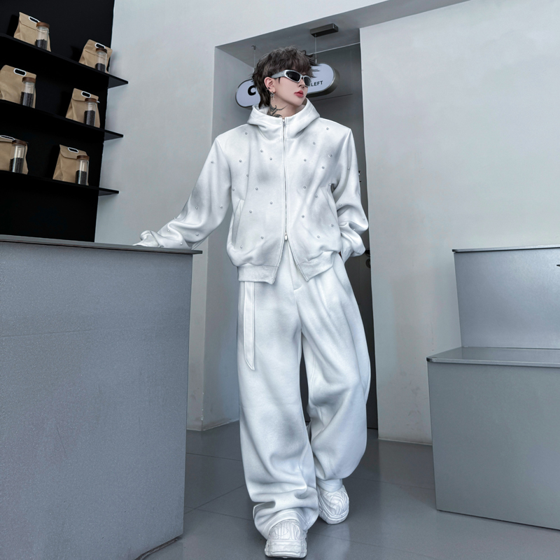 2025秋冬美式重磅潮牌连帽喷绘钉珠装饰卫衣夹克套装男式运动长裤