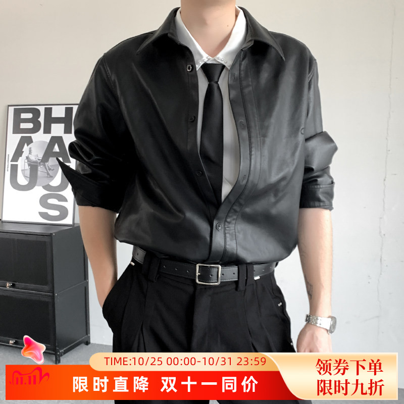 日系雅痞机车皮衣衬衫男宽松高级感痞帅时尚男模穿搭上衣潮流衬衣