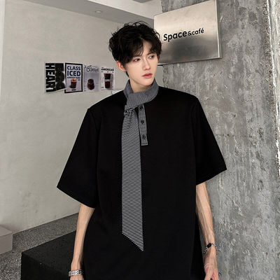 夏季小众拼接领结设计感短袖T恤男潮牌美式重磅垫肩宽松Polo衫男