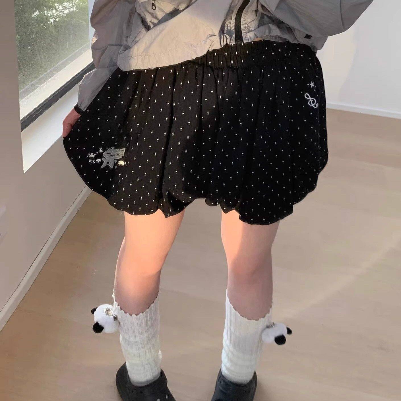 新中式可爱刺绣猫咪阔腿短裤女夏学生宽松显瘦百搭大码波点裤裙子