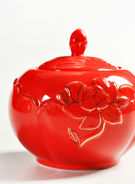 热卖黄色国韵牡丹 普洱红绿茶叶陶瓷罐花茶密封罐手工描金储物罐