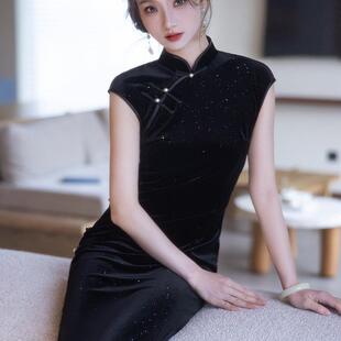黑色旗袍中式2025年夏季女老上海旧事丝绒复古显瘦改良日常连衣裙