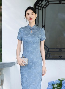 蓝色喜婆婆婚宴装旗袍2024新款祥云缎面平时可穿结婚妈妈礼服夏季