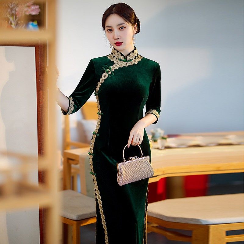 海派旗袍老上海风绿色新中式妈妈高贵复古年轻款绝美演出日常可穿图片