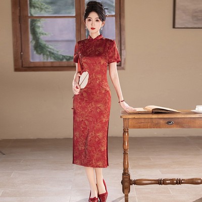 新中式醋酸缎红色考试旗袍长款2025新款夏季年轻款高端大气上档次