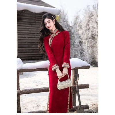 红色旗袍冬季加绒加厚冬装新中式订婚礼服敬酒新娘拜年服新年战袍