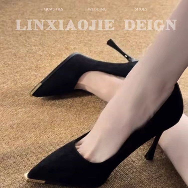 单鞋新款黑色绒面金属头高跟鞋女性感百搭细跟尖头通勤浅口工作鞋
