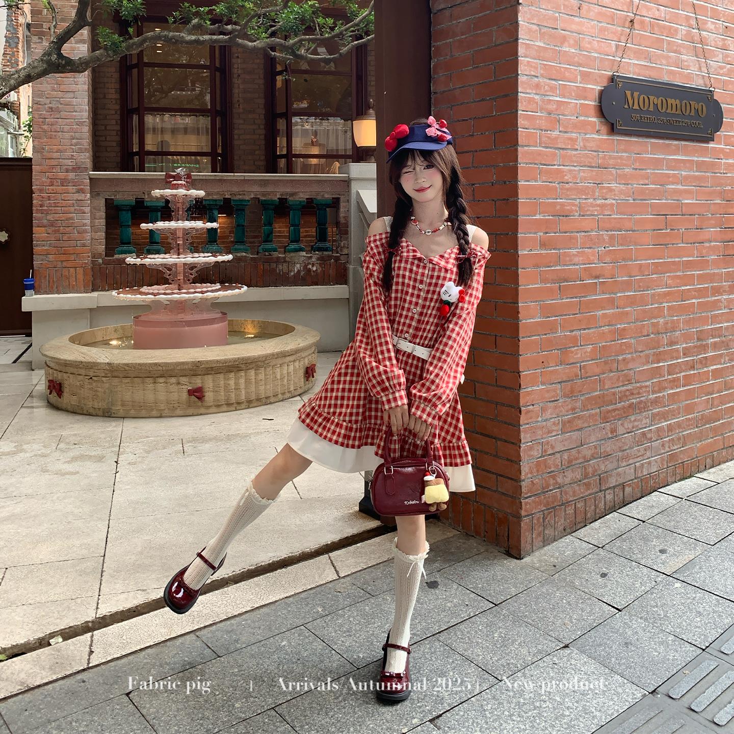 甜莓樱桃美风红色格纹连