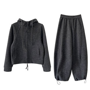 羊毛加绒连帽双拉链卫衣可调节束脚长裤气质休闲运动套装2108