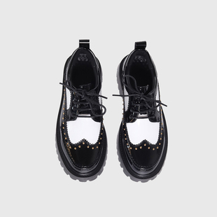 Duiisko 黑白拼色男鞋漆皮亮面柳丁皮鞋男厚底增高个性痞帅德比鞋