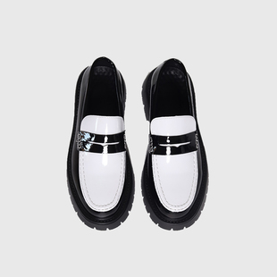 Duiisko 亮面黑白乐福鞋男厚底一脚蹬皮鞋休闲通勤cleanift德比鞋