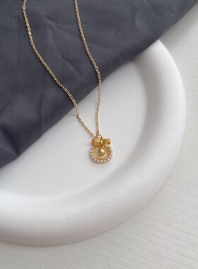 HEGG|在逃公主18K包金古法哑金仿珍珠蝴蝶结圆球吊坠甜美仙女项链