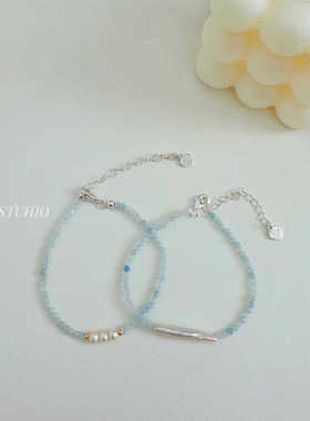 HEGG白月光原创极细海蓝宝强光天然无核长条珍珠手链简约清新